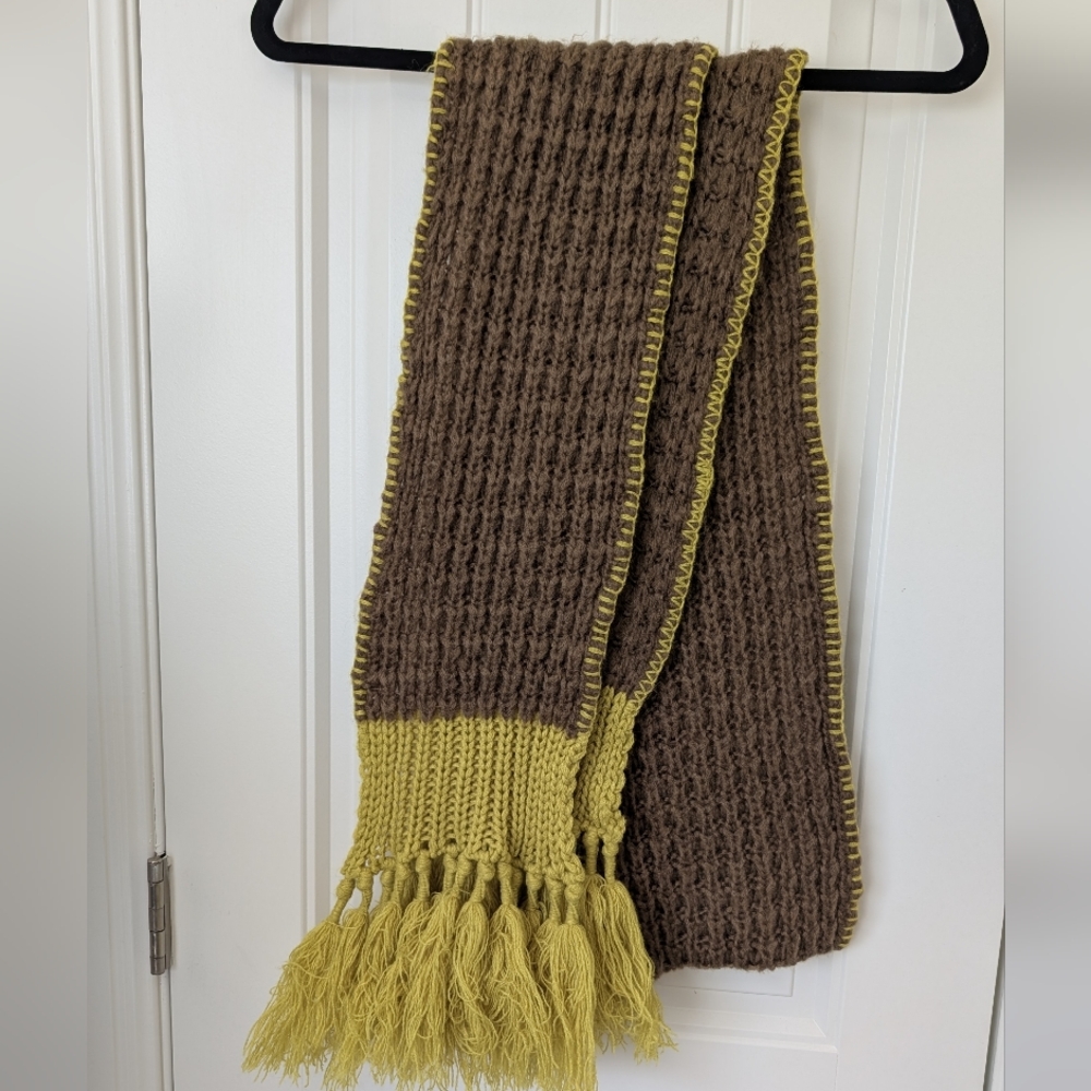 Y2K Dark Taupe‎ and Lime Green Knit Scarf with Fringe